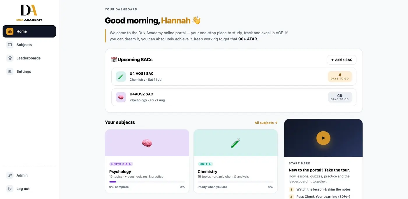 Dux Academy student portal dashboard